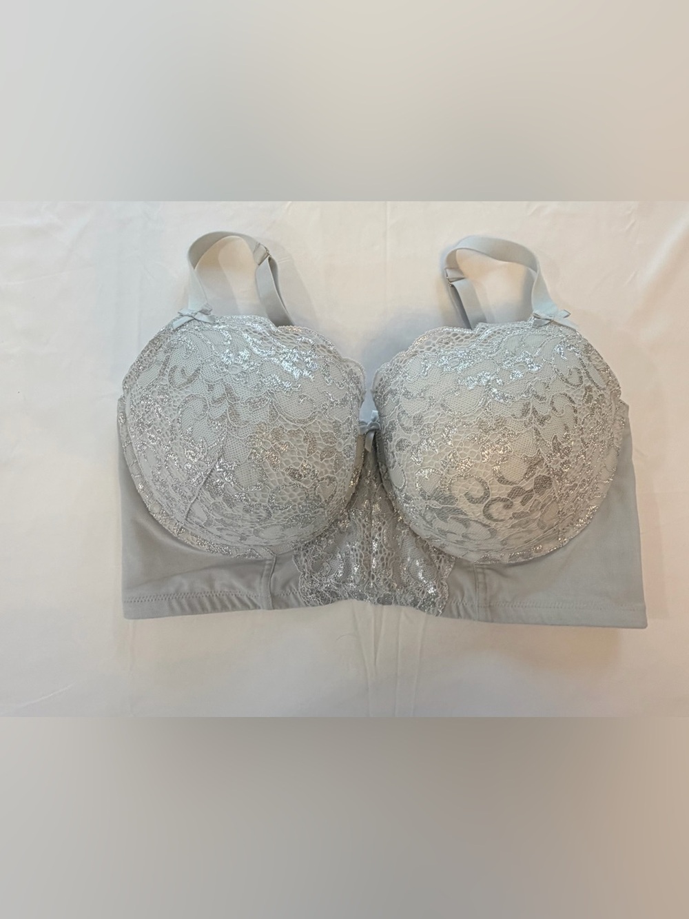 Cacique 40F Light Blue Silver Lace Longline Balconette Underwire Bra Plus Size